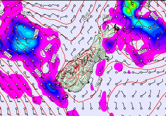 South Island forecast chart for Saturday, September 14th, 2024 at 12:00 PM