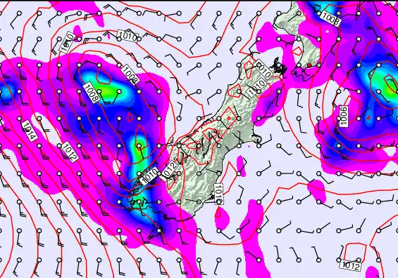 South Island forecast chart for Saturday, September 14th, 2024 at 6:00 PM