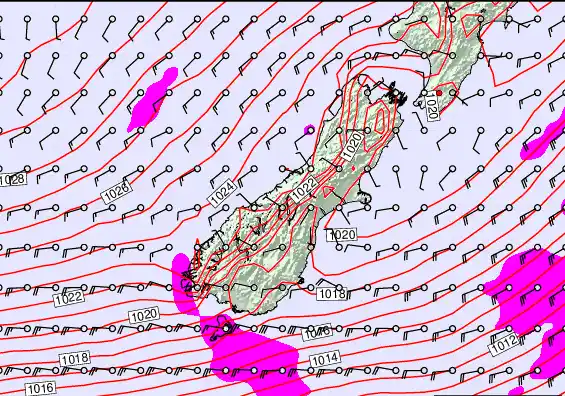 South Island forecast chart for Saturday, September 28th, 2024 at 12:00 AM