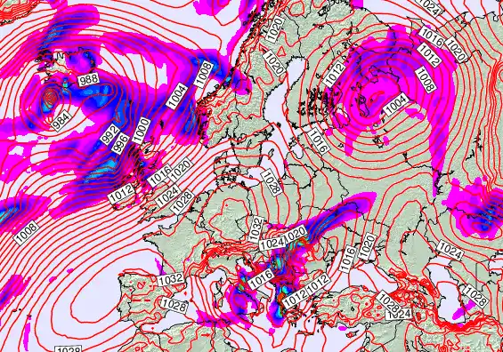 Europe forecast chart for Friday, February 20th, 2026 at 12:00 PM