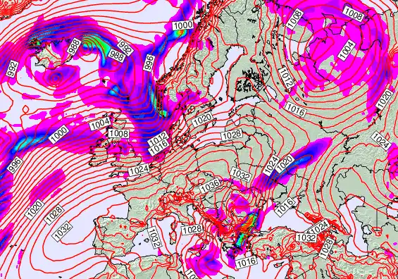 Europe forecast chart for Saturday, February 21st, 2026 at 12:00 AM