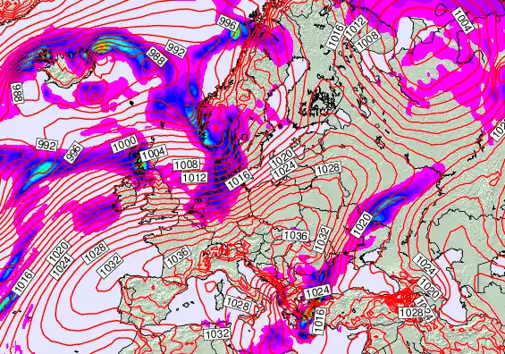 Europe forecast chart for Saturday, February 21st, 2026 at 6:00 AM