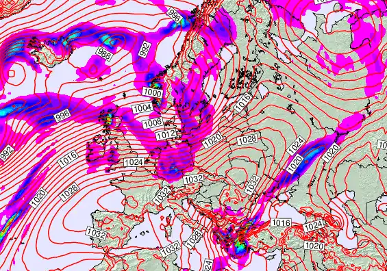 Europe forecast chart for Saturday, February 21st, 2026 at 12:00 PM