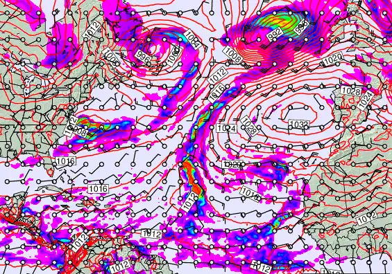 North Atlantic forecast chart for Sunday, November 23rd, 2025 at 12:00 PM
