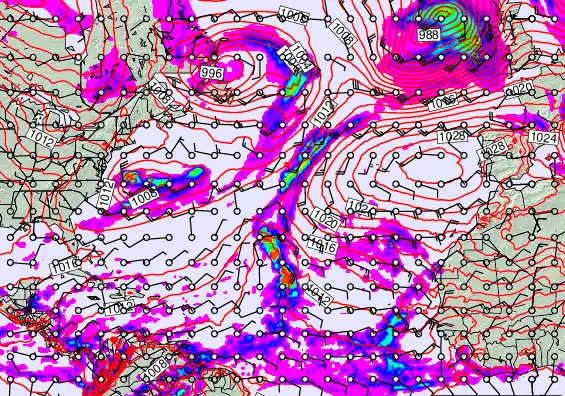North Atlantic forecast chart for Sunday, November 23rd, 2025 at 6:00 PM