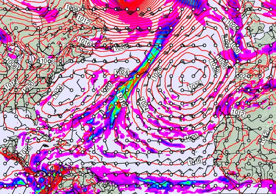North Atlantic forecast chart for Tuesday, January 6th, 2026 at 12:00 PM