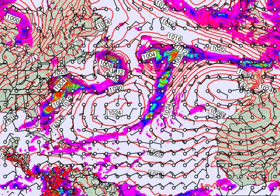 North Atlantic forecast chart for Monday, February 16th, 2026 at 12:00 PM