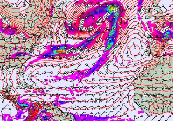 North Atlantic forecast chart for Thursday, February 19th, 2026 at 12:00 PM