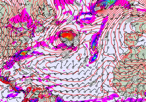 North Atlantic forecast chart for Monday, February 23rd, 2026 at 12:00 AM
