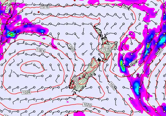 New Zealand forecast chart for Saturday, February 14th, 2026 at 12:00 AM