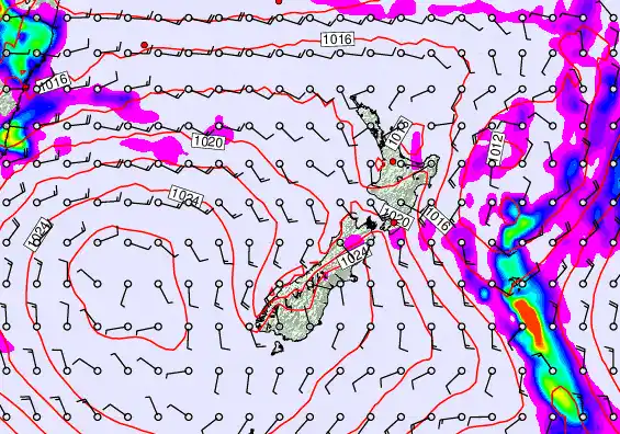 New Zealand forecast chart for Saturday, February 14th, 2026 at 12:00 PM