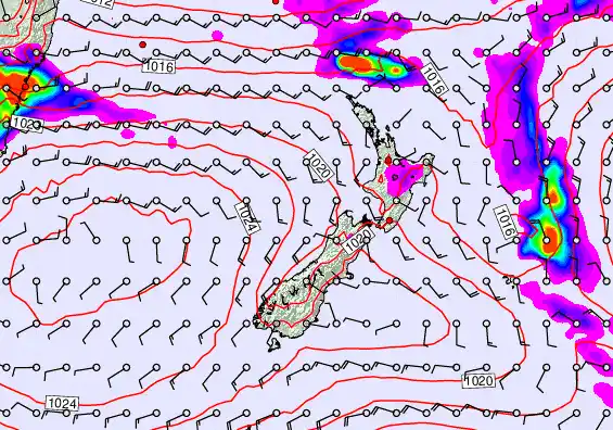 New Zealand forecast chart for Saturday, February 14th, 2026 at 6:00 AM