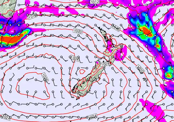 New Zealand forecast chart for Sunday, February 15th, 2026 at 12:00 AM
