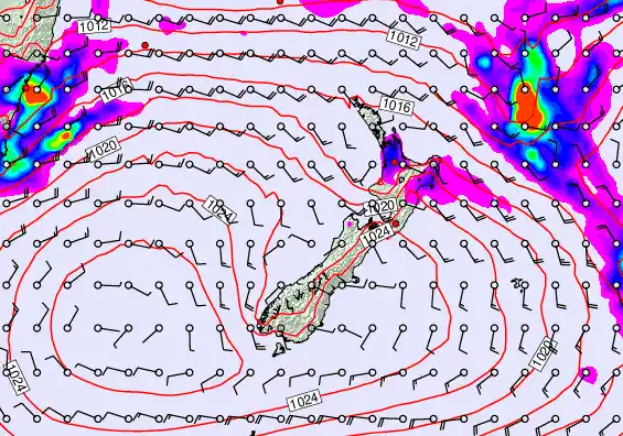 New Zealand forecast chart for Sunday, February 15th, 2026 at 6:00 AM