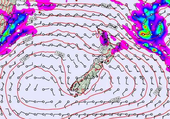 New Zealand forecast chart for Sunday, February 15th, 2026 at 12:00 PM