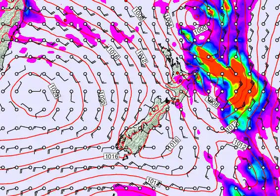 New Zealand forecast chart for Sunday, February 15th, 2026 at 12:00 AM