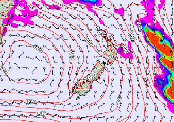 New Zealand forecast chart for Monday, February 16th, 2026 at 12:00 AM