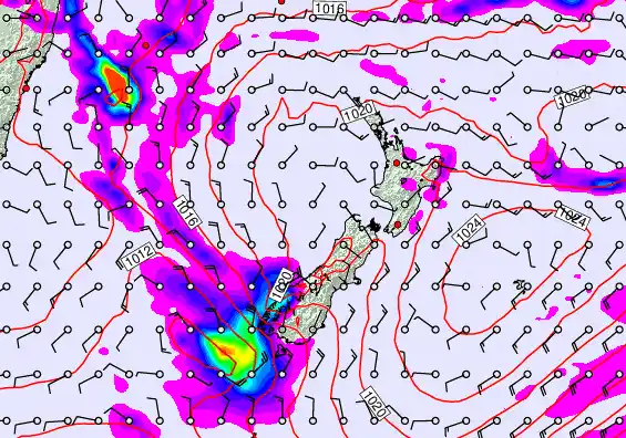 New Zealand forecast chart for Monday, February 9th, 2026 at 6:00 PM