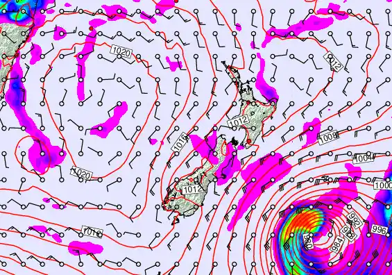 New Zealand forecast chart for Monday, February 16th, 2026 at 12:00 AM