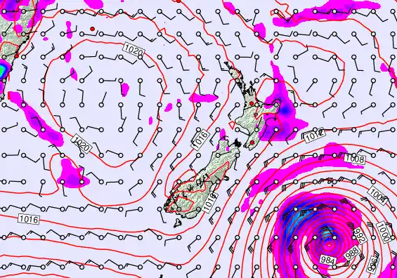 New Zealand forecast chart for Monday, February 16th, 2026 at 12:00 PM