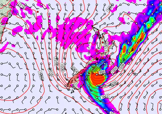 New Zealand forecast chart for Sunday, February 15th, 2026 at 12:00 AM