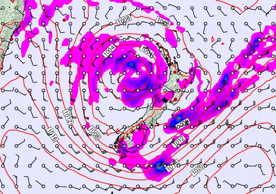 New Zealand forecast chart for Monday, February 16th, 2026 at 12:00 AM