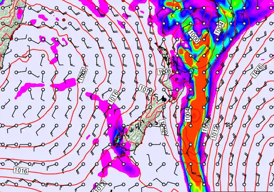 New Zealand forecast chart for Saturday, February 14th, 2026 at 12:00 AM
