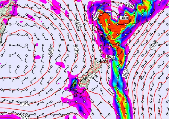 New Zealand forecast chart for Saturday, February 14th, 2026 at 12:00 AM
