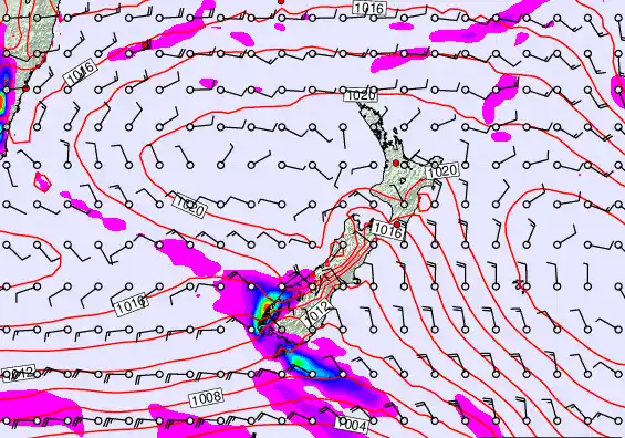 New Zealand forecast chart for Saturday, February 21st, 2026 at 12:00 PM