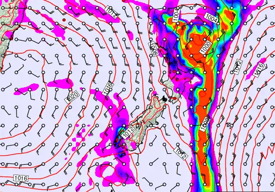 New Zealand forecast chart for Saturday, February 14th, 2026 at 12:00 AM