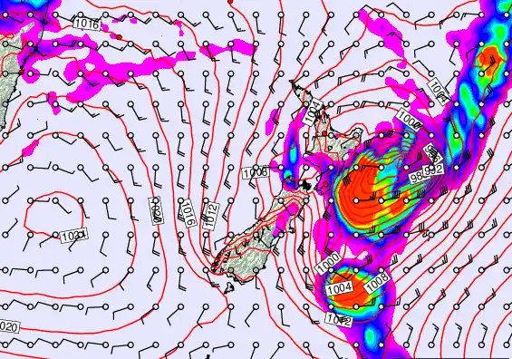 New Zealand forecast chart for Sunday, February 15th, 2026 at 12:00 AM