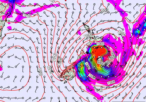 New Zealand forecast chart for Sunday, February 15th, 2026 at 12:00 PM