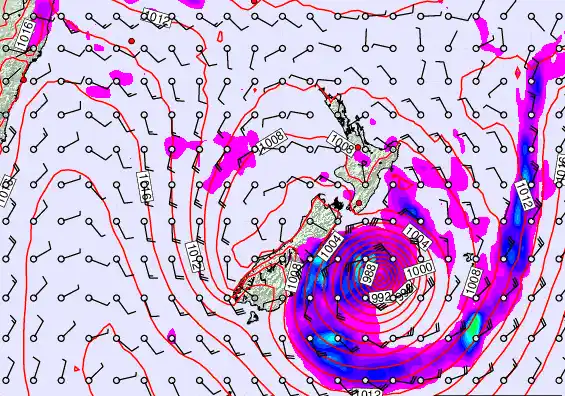 New Zealand forecast chart for Monday, February 16th, 2026 at 12:00 PM