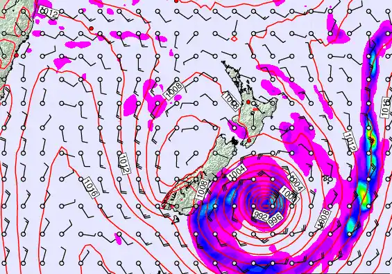 New Zealand forecast chart for Monday, February 16th, 2026 at 6:00 PM