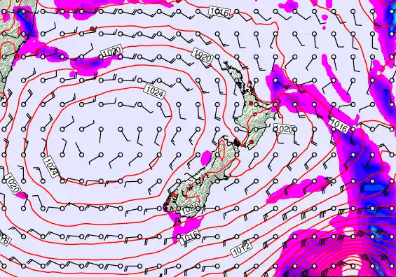 New Zealand forecast chart for Sunday, February 22nd, 2026 at 12:00 PM