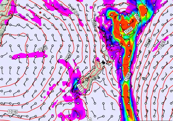 New Zealand forecast chart for Saturday, February 14th, 2026 at 12:00 AM