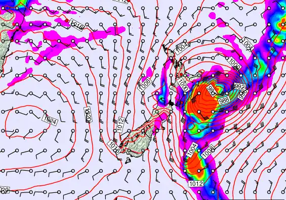 New Zealand forecast chart for Sunday, February 15th, 2026 at 12:00 AM