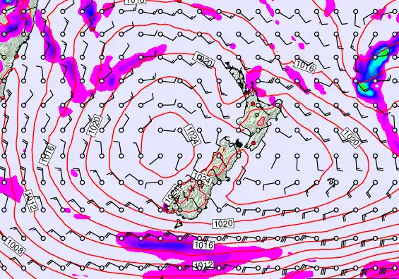 New Zealand forecast chart for Sunday, February 22nd, 2026 at 6:00 PM