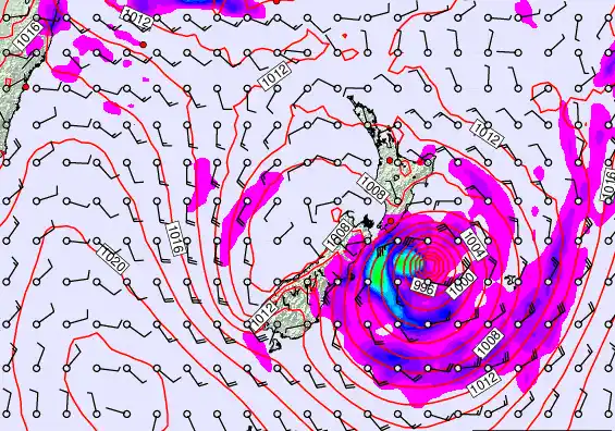 New Zealand forecast chart for Monday, February 16th, 2026 at 12:00 PM