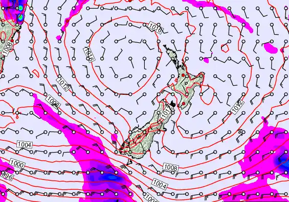 New Zealand forecast chart for Saturday, February 21st, 2026 at 12:00 PM