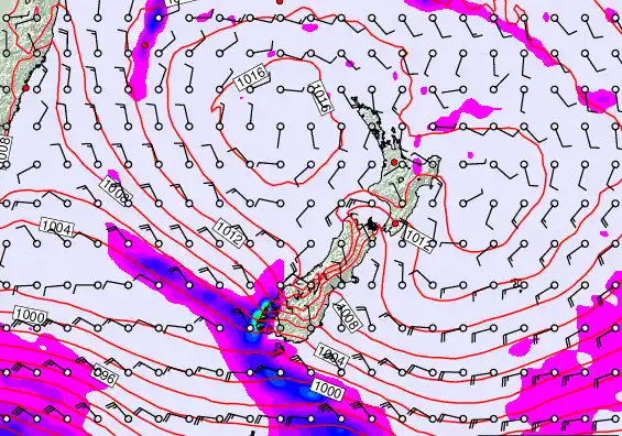 New Zealand forecast chart for Saturday, February 21st, 2026 at 6:00 PM