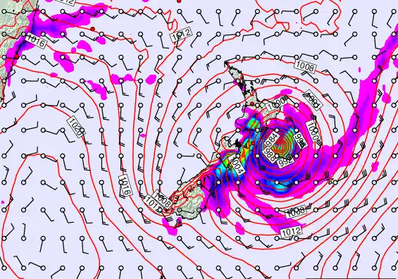 New Zealand forecast chart for Monday, February 16th, 2026 at 12:00 AM