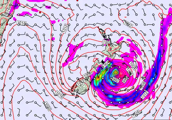 New Zealand forecast chart for Monday, February 16th, 2026 at 12:00 PM