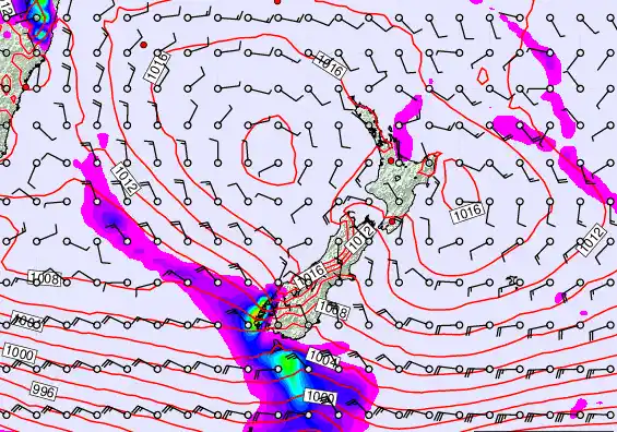 New Zealand forecast chart for Saturday, February 21st, 2026 at 12:00 PM