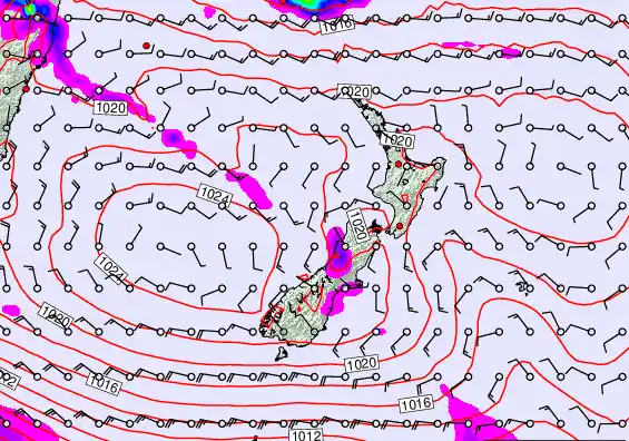 New Zealand forecast chart for Tuesday, February 24th, 2026 at 12:00 PM