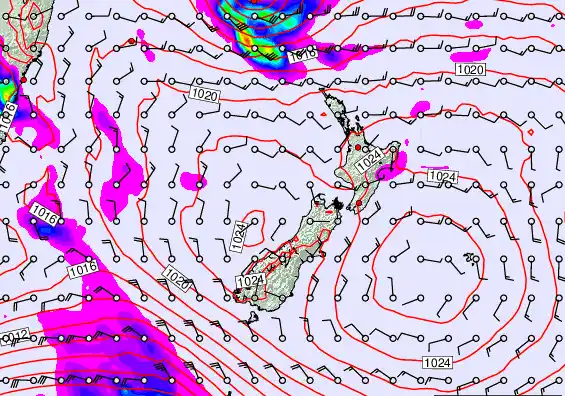 New Zealand forecast chart for Wednesday, February 25th, 2026 at 12:00 PM