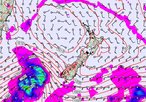 New Zealand forecast chart for Saturday, February 21st, 2026 at 12:00 AM