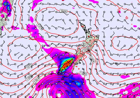 New Zealand forecast chart for Saturday, February 21st, 2026 at 12:00 PM