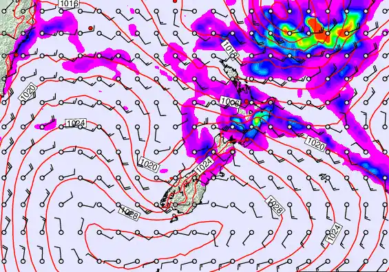 New Zealand forecast chart for Saturday, February 28th, 2026 at 12:00 AM