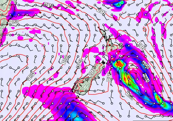 New Zealand forecast chart for Saturday, February 28th, 2026 at 12:00 AM
